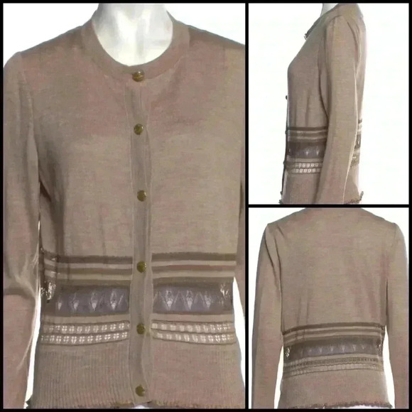 St. John Collection Embellished Ruffle Trim Striped Crew Neck Brown Sweater M - Picture 1 of 14